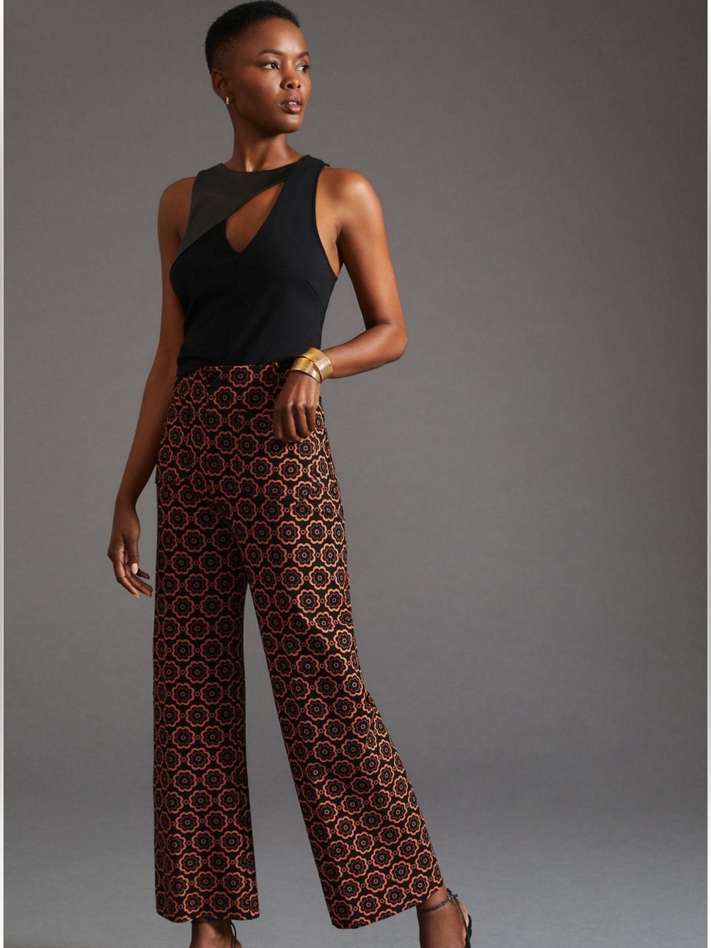 Anthropologie Maeve Pants Colette Wide Leg Cropped in Black Orange Floral Motif